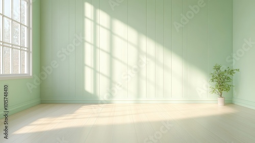 A large, empty room with a window and a potted plant