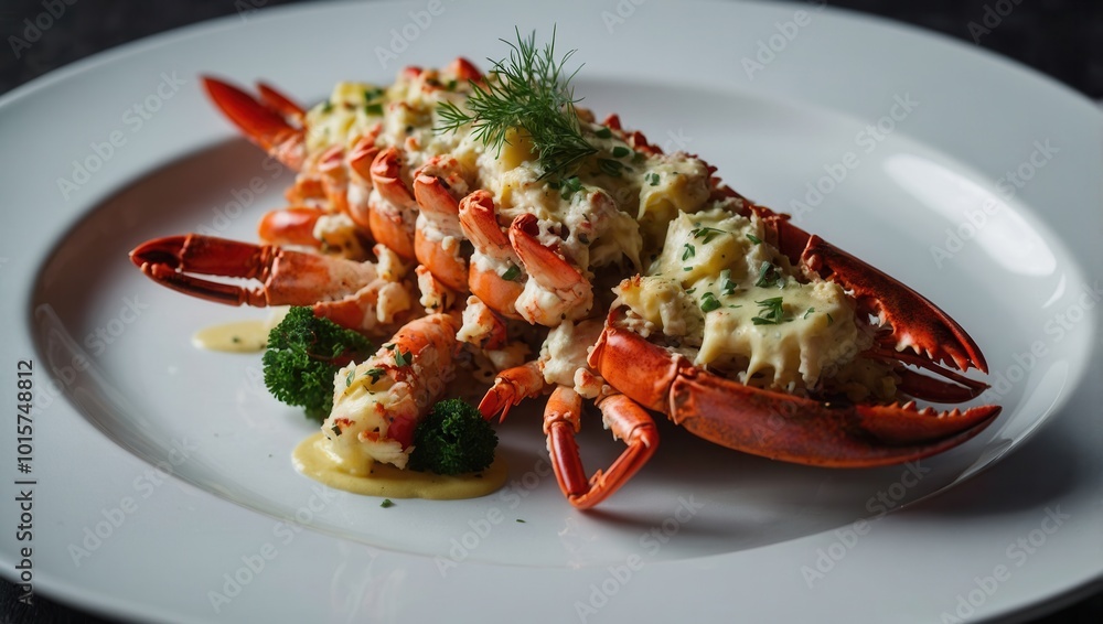 Lobster cooked with melted cheese, served with sauce or butter, focused on food presentation Lobster cooked with melted cheese, served with sauce or butter, focused on food presentation
