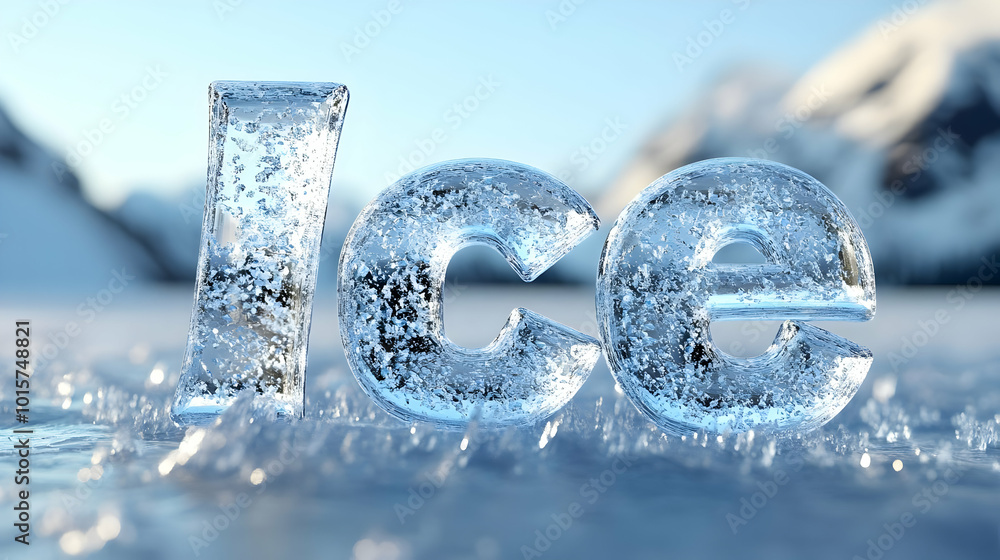 Clear ice letters reflecting sunlight against a snowy background, showcasing the beauty of nature's frozen formations. Clear ice letters reflecting sunlight against a snowy background, showcasing the beauty of nature's frozen formations.