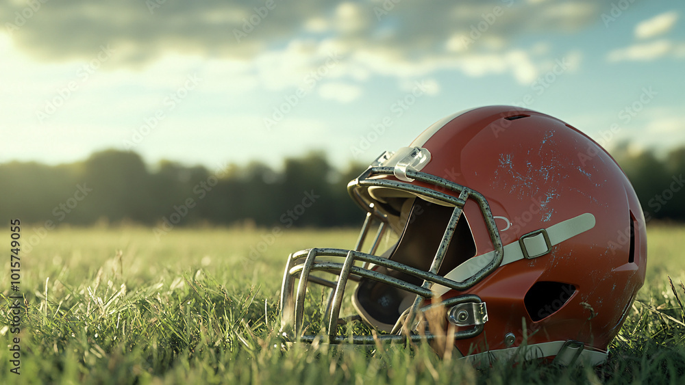 rusty orange football helmet in green grass field - sports equipment, american football, game day, nature, nostalgia rusty orange football helmet in green grass field - sports equipment, american football, game day, nature, nostalgia