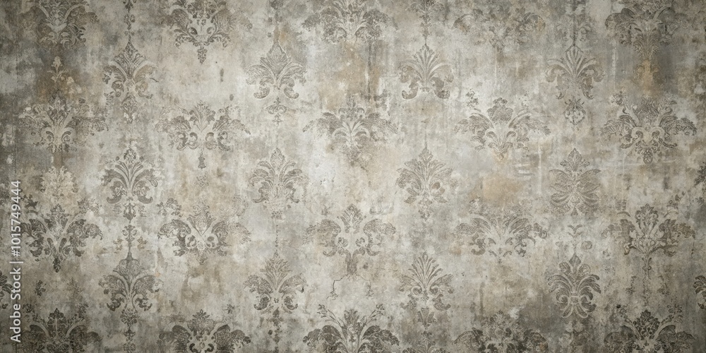 Fototapeta premium A worn and faded vintage wallpaper pattern with intricate floral designs on a textured surface.