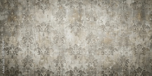 A worn and faded vintage wallpaper pattern with intricate floral designs on a textured surface.