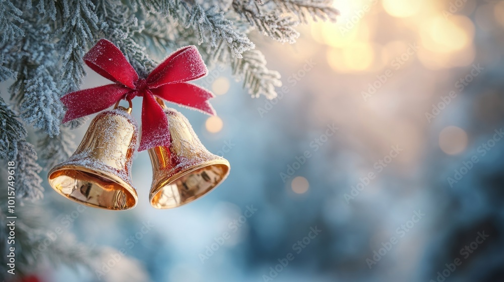 Obraz premium Golden bells with a festive red ribbon, standing out against a soft wintery backdrop of frosted trees, capturing the essence of holiday joy