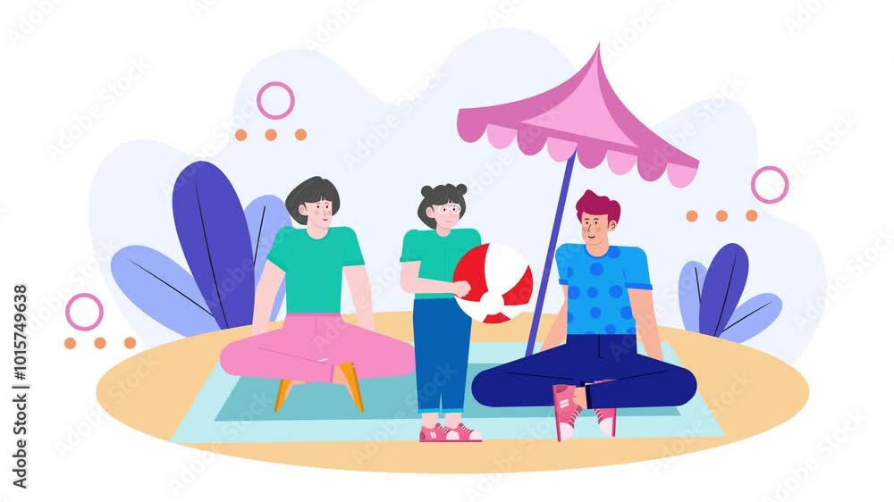 Illustration of three family sitting on a beach towel under an umbrella enjoying a playful day with a beach ball animated video Illustration of three family sitting on a beach towel under an umbrella enjoying a playful day with a beach ball animated video