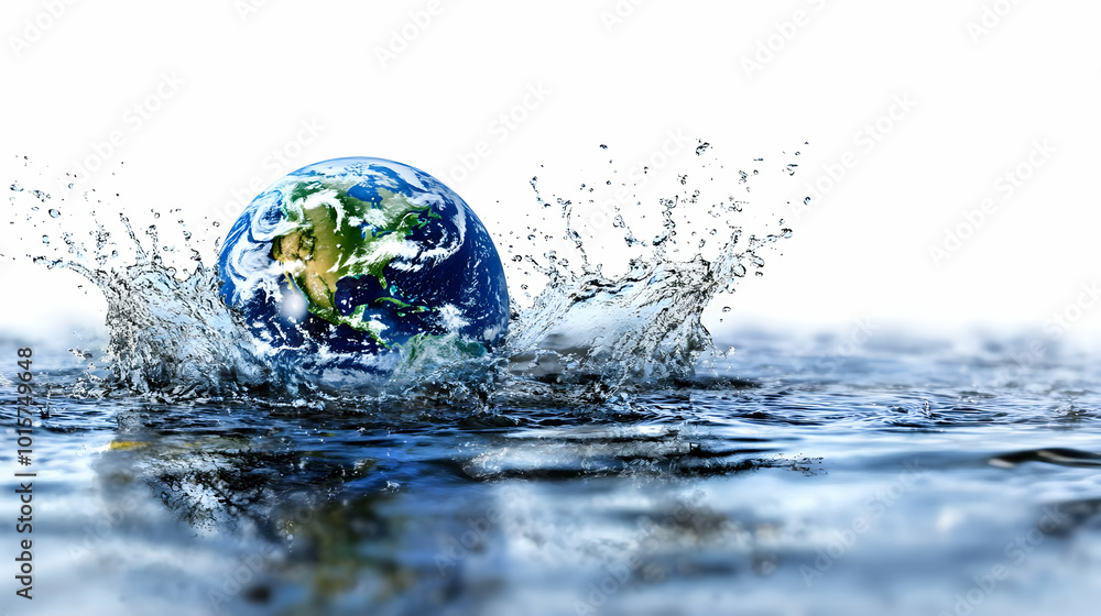 A 3D Illustration of the Earth Splashing into Water, Creating a Dramatic Water Splashes with a White Background A 3D Illustration of the Earth Splashing into Water, Creating a Dramatic Water Splashes with a White Background