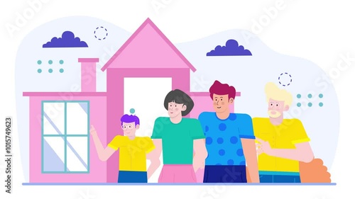 a cheerful family standing together outside their home illustration animated video