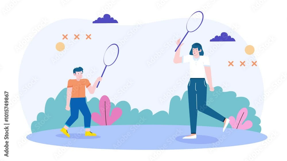 Illustration of a mother and son enjoying a game of badminton outdoors with playful cartoon style highlighting family bonding and outdoor activity animated video Illustration of a mother and son enjoying a game of badminton outdoors with playful cartoon style highlighting family bonding and outdoor activity animated video