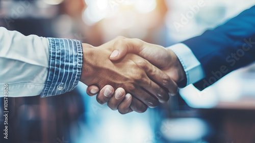 Business partnership meeting with two professionals shaking hands after a successful deal, set against a blurred background.