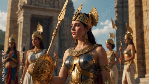 Depict Athena interacting with other goddesses in front of a temple, holding a spear and shield, set against the grand temple architecture, showcasing wisdom and collaboration. photo