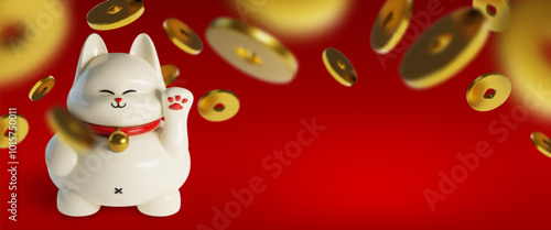 3d cute lucky cat animal with coin illustration. Japanese fortune kitten toy. White oriental figurine symbol with blurry money element falling. Asia bg with waving mascot in collar vector background