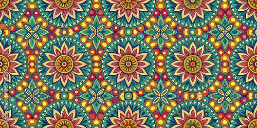 Vibrant Mandala Pattern with Circular Floral Motifs and Geometric Elements in a Seamless Repeating Design