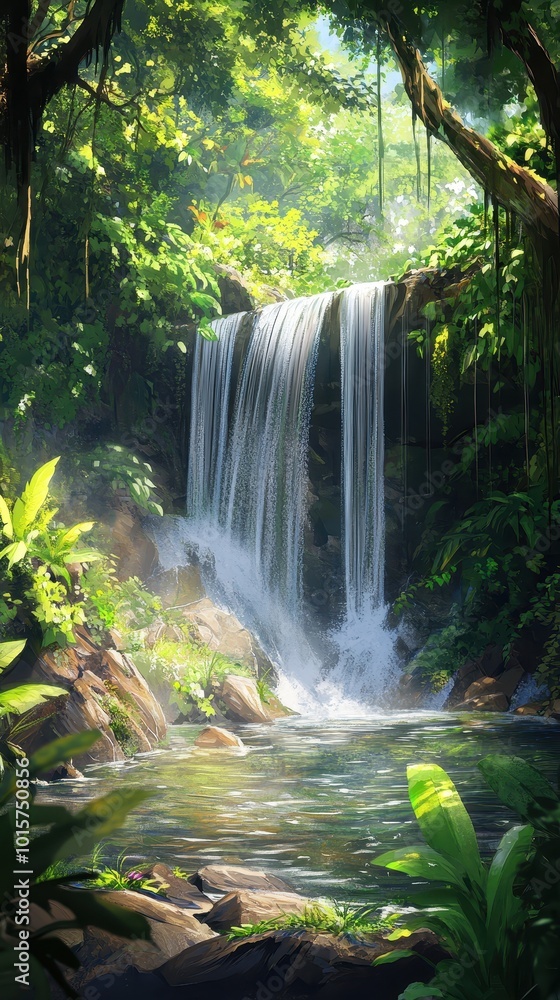 Waterfall in the tropical forest, rainforest, and green plants Waterfall in the tropical forest, rainforest, and green plants