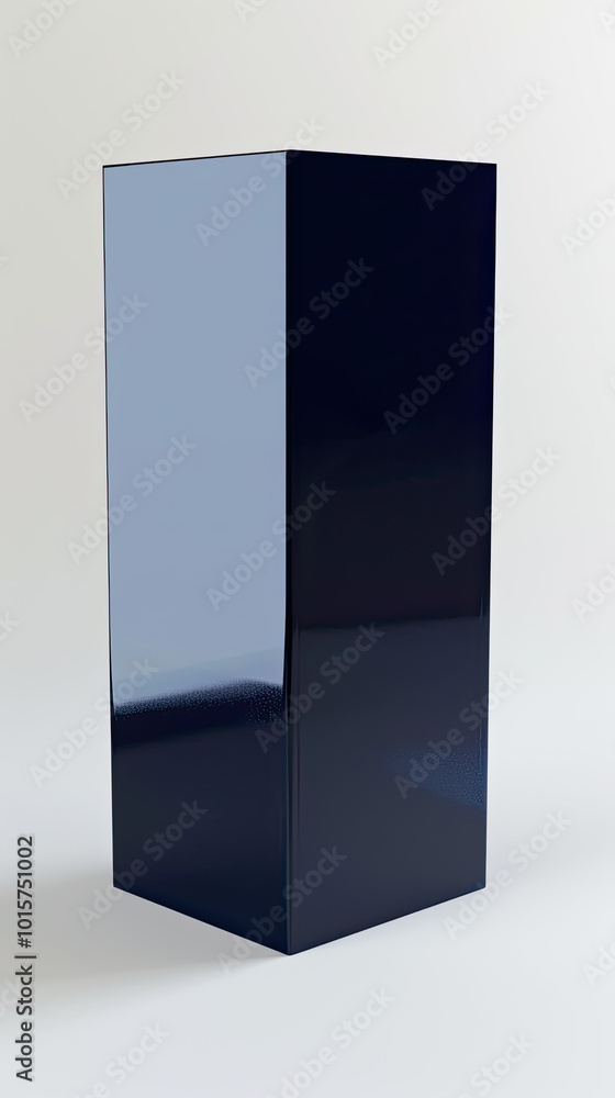 Navy blue rectangular box, glossy finish, positioned near the bottom left of a white background. Navy blue rectangular box, glossy finish, positioned near the bottom left of a white background.