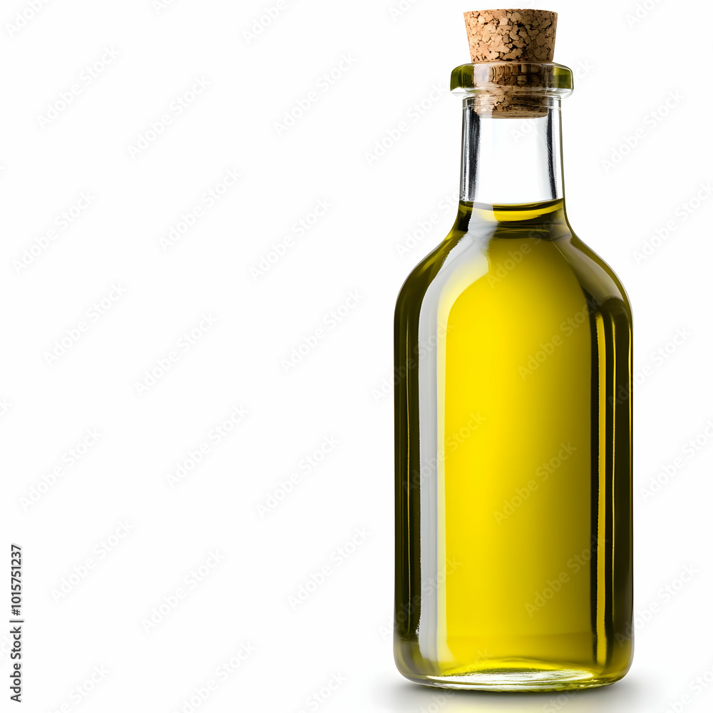 Glass bottle of olive oil with a cork stopper, isolated on a white background. Glass bottle of olive oil with a cork stopper, isolated on a white background.