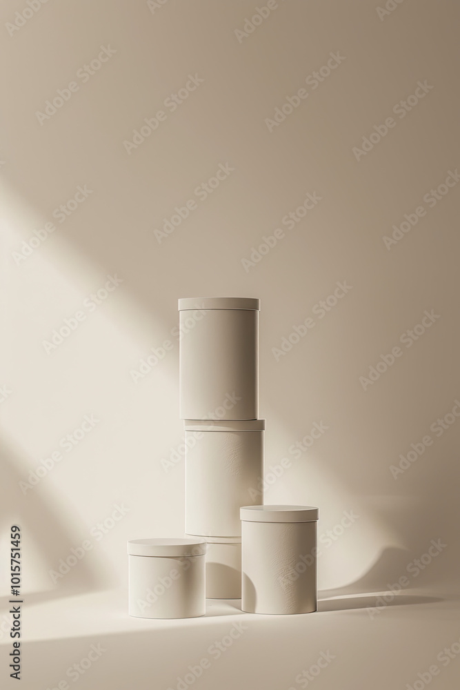 Five cylindrical gray boxes in a vertical stack, matte finish, on a plain beige background. Five cylindrical gray boxes in a vertical stack, matte finish, on a plain beige background.
