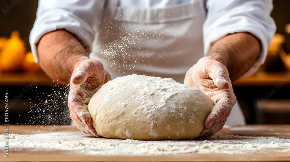 Hands expertly kneading dough on a wooden surface, surrounded by flour, capturing the art of baking. Hands expertly kneading dough on a wooden surface, surrounded by flour, capturing the art of baking.