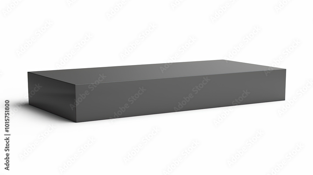 Naklejka premium Wide, flat matte charcoal box, on its side against white, top-down light casts a soft shadow.