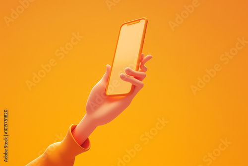 Hand holding smartphone against vibrant orange gradient background design