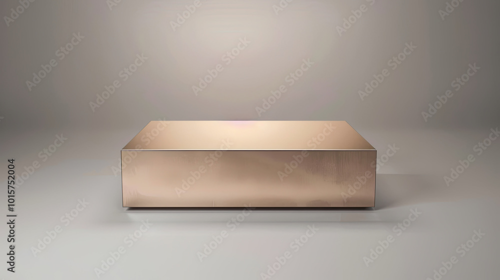 Shallow metallic bronze box on gray background, angled, surface shines with subtle reflections. Shallow metallic bronze box on gray background, angled, surface shines with subtle reflections.