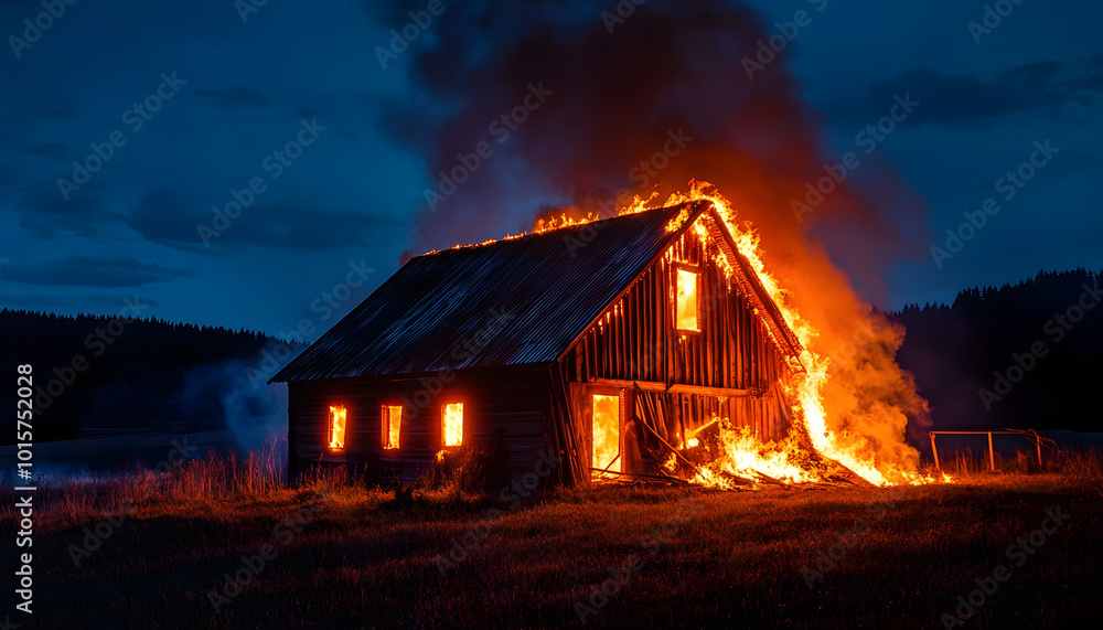 Wooden house or barn burning on fire at night. Wooden house or barn burning on fire at night.