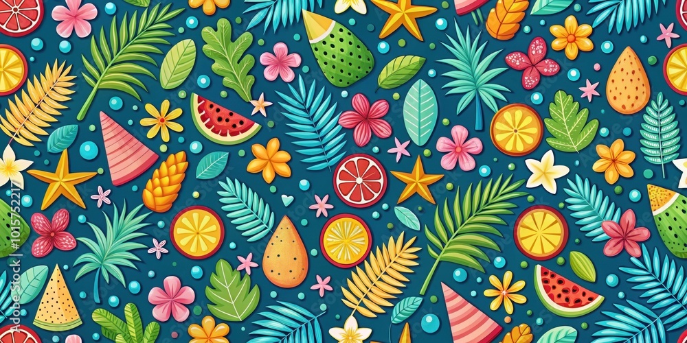 A vibrant summer pattern featuring tropical leaves, juicy fruits, and cheerful flowers on a cool blue background.