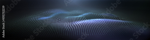 Abstract neon glow blue and purple wireframe 3d wave or mountain map for new retro wave background. Realistic vector futuristic cyber bg with grid topography landscape and wavy geometric surface.