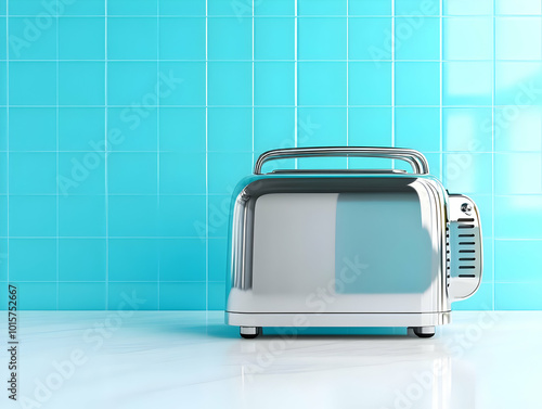 Modern toaster in a bright kitchen setting with turquoise tiles, perfect for contemporary home decor. photo