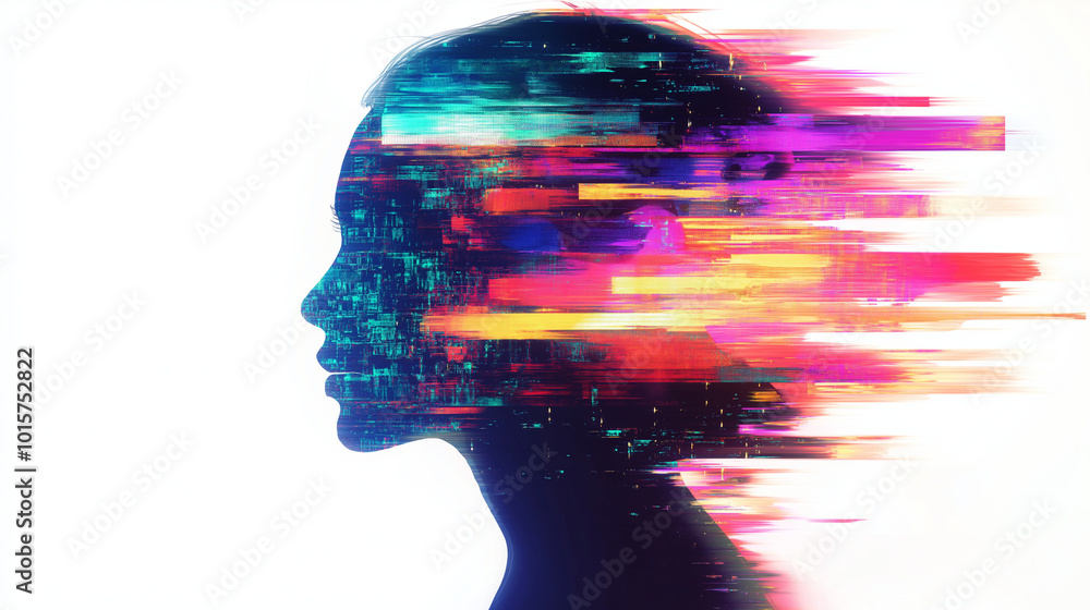 Abstract silhouette of a woman with digital colors blending into the background, symbolizing technology and identity Abstract silhouette of a woman with digital colors blending into the background, symbolizing technology and identity