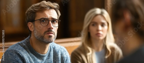 A man in glasses looks attentively at a woman sitting beside him.  They are both in a serious conversation with a third person out of focus. photo