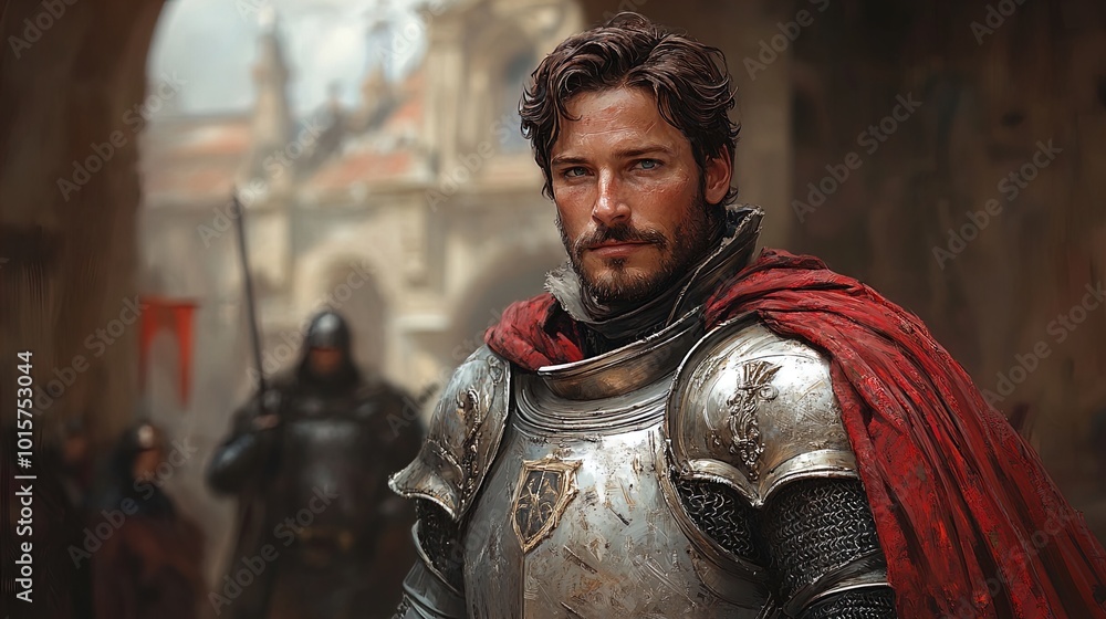 The image depicts a knight in shining armor, standing confidently in the foreground. He has shoulder-length wavy hair and a well-groomed beard, creating a strong, noble appearance. His armor is polish The image depicts a knight in shining armor, standing confidently in the foreground. He has shoulder-length wavy hair and a well-groomed beard, creating a strong, noble appearance. His armor is polish