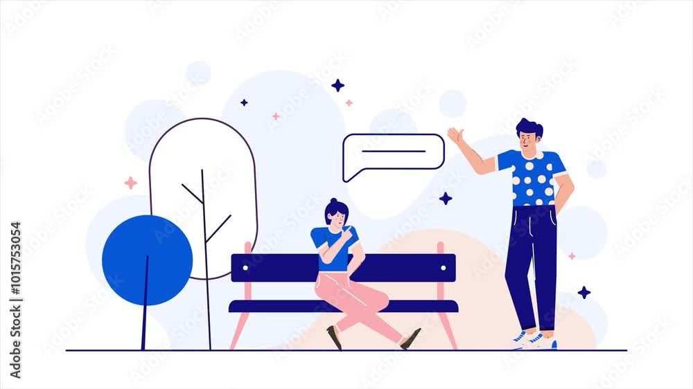 friends having a lighthearted conversation on a park bench surrounded by stylized trees illustration animated video friends having a lighthearted conversation on a park bench surrounded by stylized trees illustration animated video