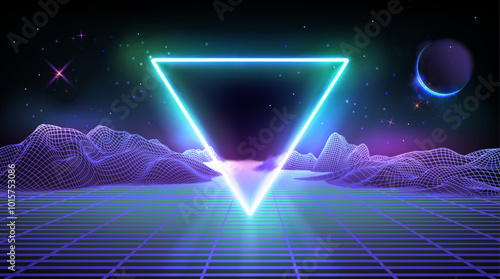 Futuristic cyber background with abstract neon glow blue and purple 3d wireframe mountain map with planets in space and bright light triangle. New retro wave, techno and synthwave cosmic bg.