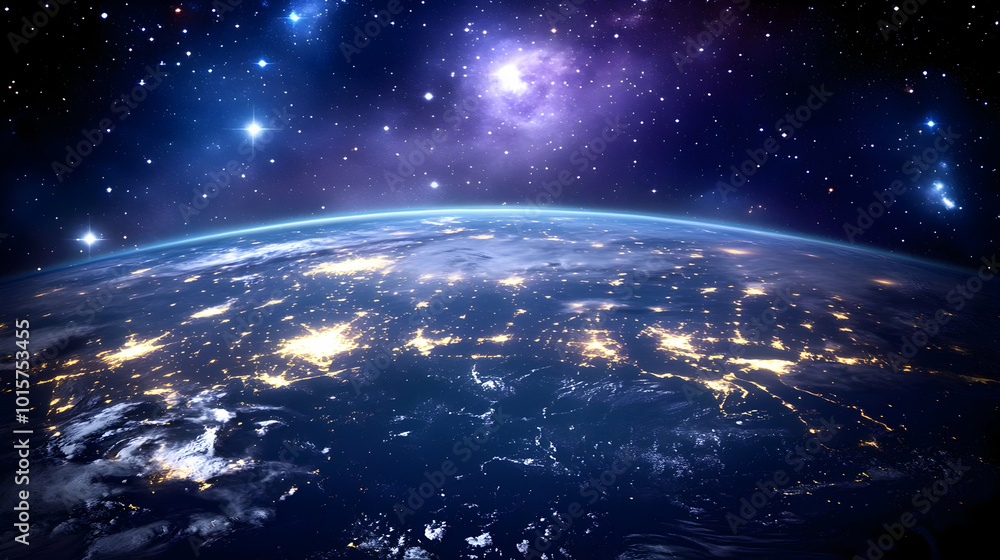 A Stunning Nighttime View of Earth From Space, Showing a Glimmering Network of City Lights Against a Starry Sky A Stunning Nighttime View of Earth From Space, Showing a Glimmering Network of City Lights Against a Starry Sky