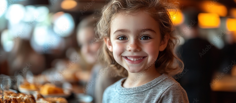 Fototapeta premium A young girl with blonde curly hair smiles at the camera while sitting in a cafe.