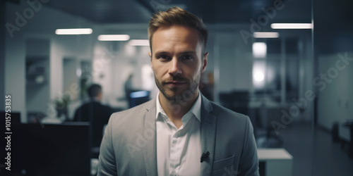 Confident Middle-Aged Businessman in Formal Business Attire, Corporate Leader Standing in Office. Man at Work