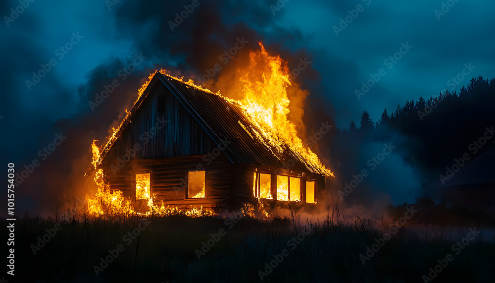 Wooden house or barn burning on fire at night. Wooden house or barn burning on fire at night.
