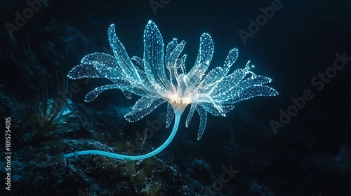 Ethereal Bioluminescent Flower in Deep Ocean