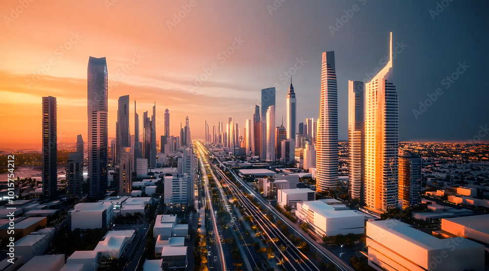 Modern cityscape with skyscrapers and streets bathed in warm light Modern cityscape with skyscrapers and streets bathed in warm light