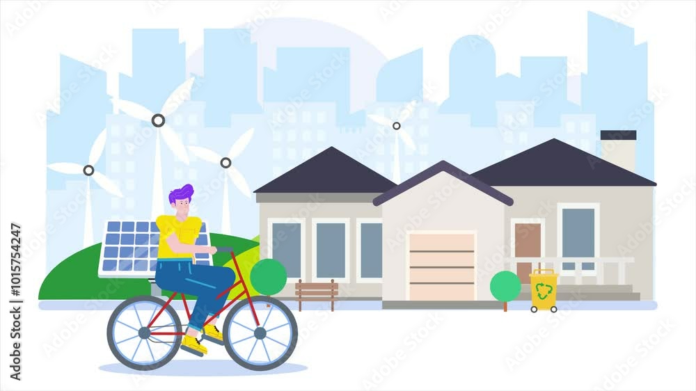 Eco-friendly living illustrated in urban neighborhood scene animated video Eco-friendly living illustrated in urban neighborhood scene animated video
