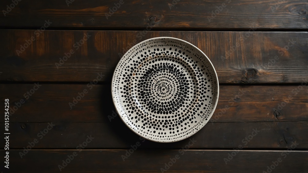 Fototapeta premium aesthetic dot art plate design art, top view on rustic wooden table