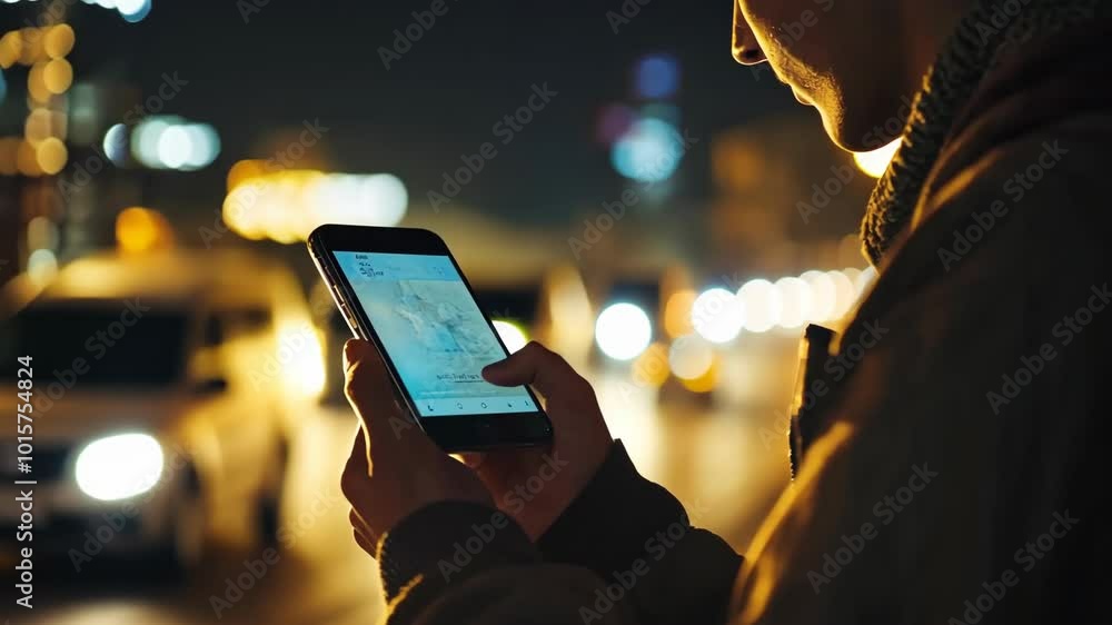 Digital Interaction: Man Using Smartphone in Nighttime Cityscape Digital Interaction: Man Using Smartphone in Nighttime Cityscape