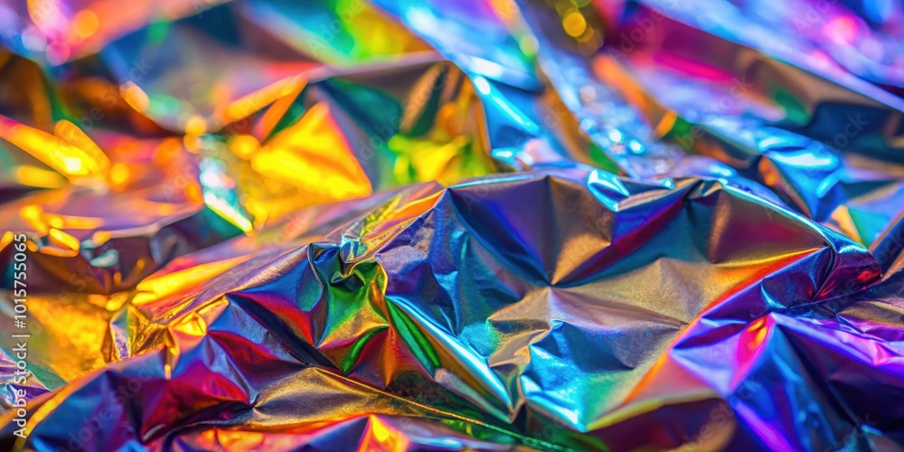 Abstract iridescent texture of crumpled holographic foil with vibrant colors and shimmering reflections Abstract iridescent texture of crumpled holographic foil with vibrant colors and shimmering reflections