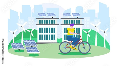 Illustration of a person cycling in a city with solar panels and wind turbines animated video
