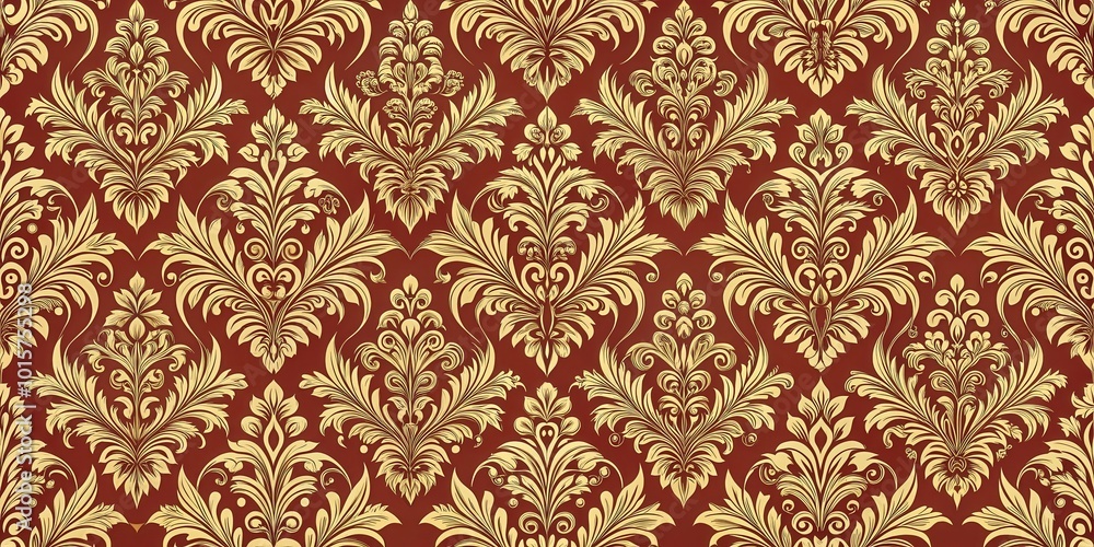 Intricate Gold Floral Damask Pattern on Red Background Intricate Gold Floral Damask Pattern on Red Background