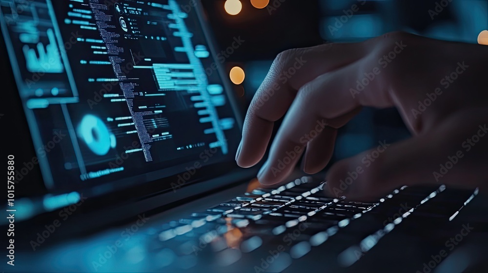 Hands Typing on Laptop Keyboard with Digital Code Overlay in Dark Room, Symbolizing Technology and Cybersecurity Concepts Hands Typing on Laptop Keyboard with Digital Code Overlay in Dark Room, Symbolizing Technology and Cybersecurity Concepts