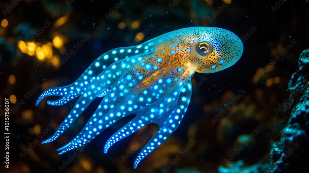 Bioluminescent Deep Sea Squid with Glowing Blue Spots Bioluminescent Deep Sea Squid with Glowing Blue Spots
