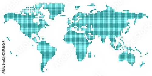 A stylized representation of the world map in a pixelated form using teal colored squares.