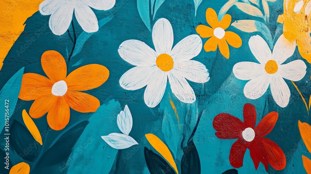 Vibrant Floral Explosion on Teal and Orange Canvas Vibrant Floral Explosion on Teal and Orange Canvas