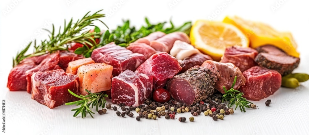 Fresh meat cubes with herbs and spices. Fresh meat cubes with herbs and spices.