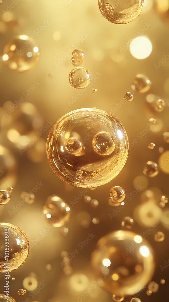 Golden bubbles floating against a bokeh background Golden bubbles floating against a bokeh background